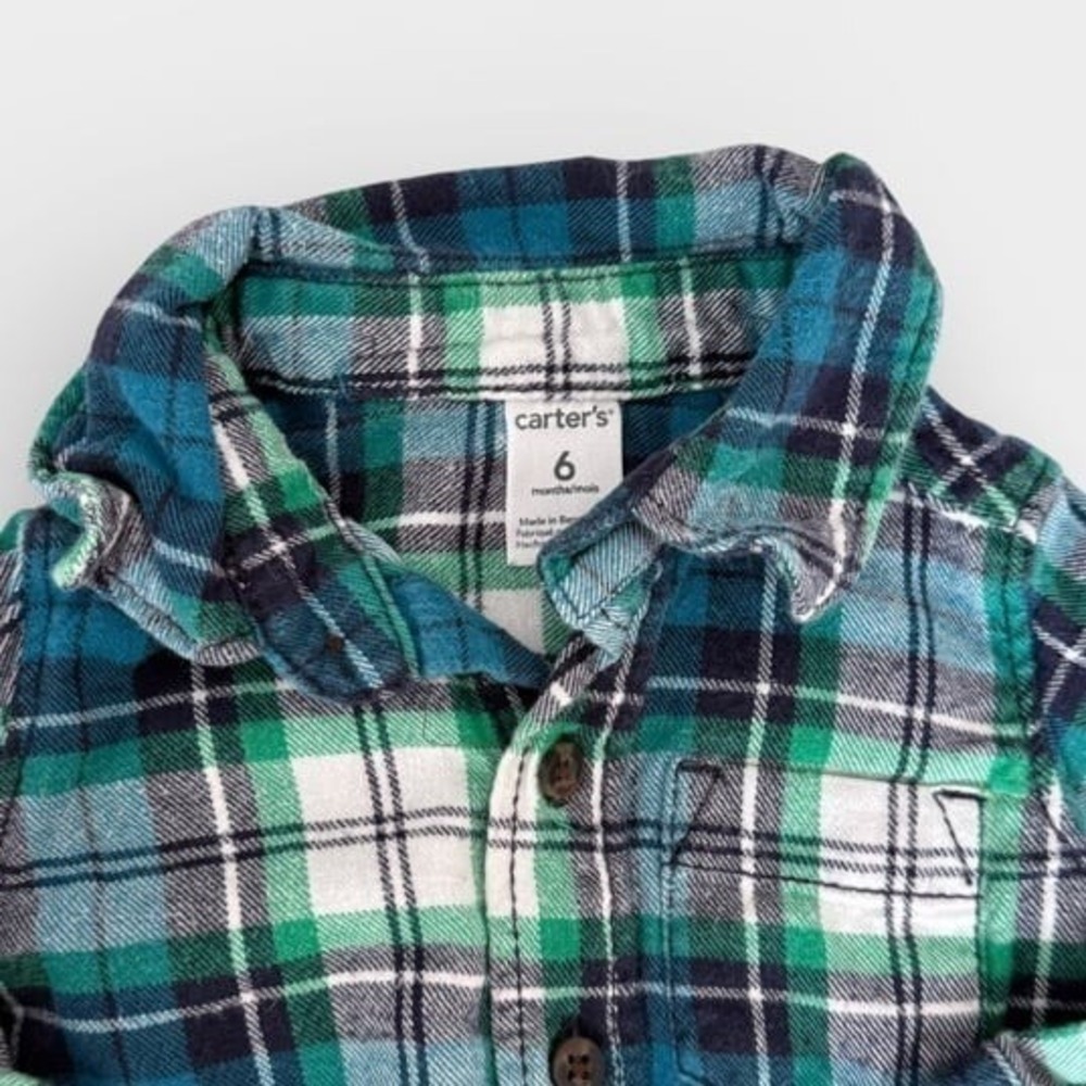 Carter's Shirt Baby‎ Boys Size 6 Months Green Blue Plaid Long Sleeve Button Up - Picture 2 of 3
